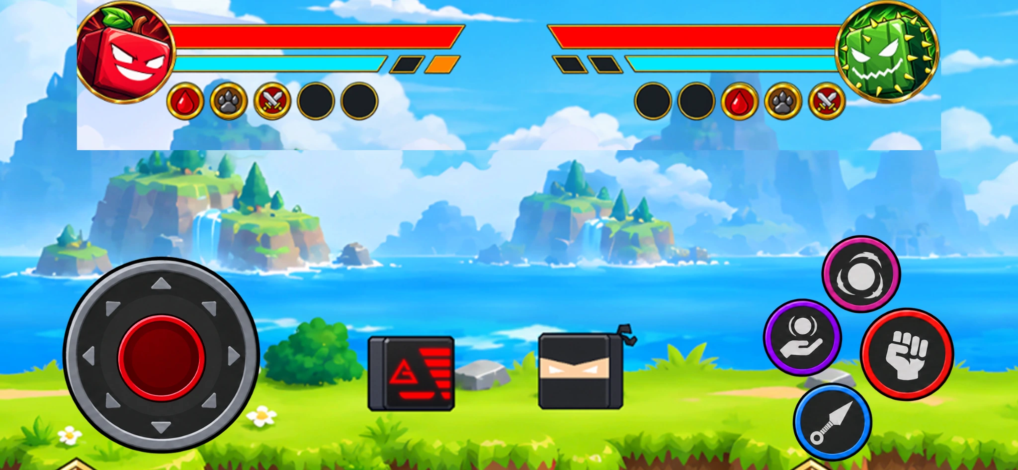 Rubik Rage mobile concept: two cube fighters in a bright island arena with touch controls and player health bars